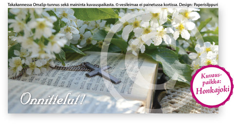 OmaSp-logolla: rippiristi ja tuomenkukat, shekkikortti