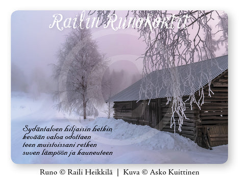 Sydäntalven kuurakoivut ja lato, Railin Runokortti -postikortti