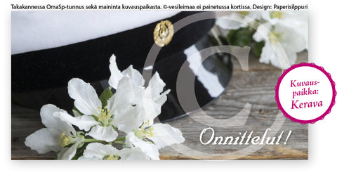 OmaSp-logolla: ylioppilaslakki ja omenankukat, versio 2, shekkikortti