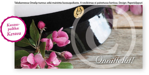 OmaSp-logolla: ylioppilaslakki ja omenankukat, shekkikortti