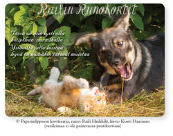 Kissanpentu ja koiranpentu juttelevat, Railin Runokortti -postikortti