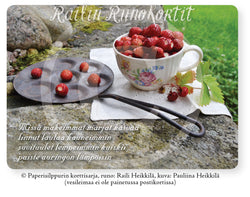 Metsämansikat kahvikupissa ja lasten lettupannu, Railin Runokortti -postikortti