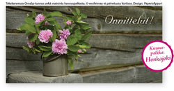 OmaSp-logolla: vaaleanpunainen ruusukimppu, shekkikortti