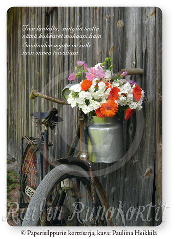 Polkupyörä ja kukkakimppu, Railin Runokortti -postikortti, 10 kpl