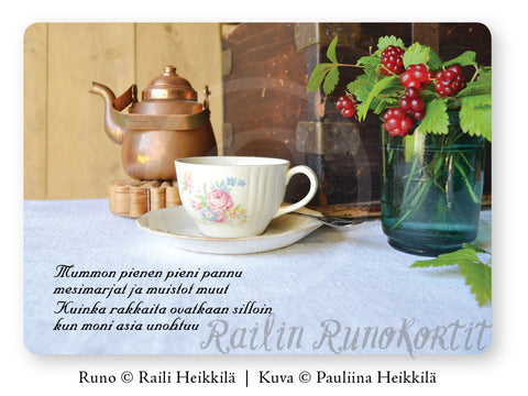 Kahvihetki ja mesimarjakimppu, Railin Runokortti -postikortti