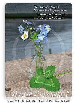 Onnenapila ja kukkia tippapullossa, Railin Runokortti -postikortti A6, 10 kpl