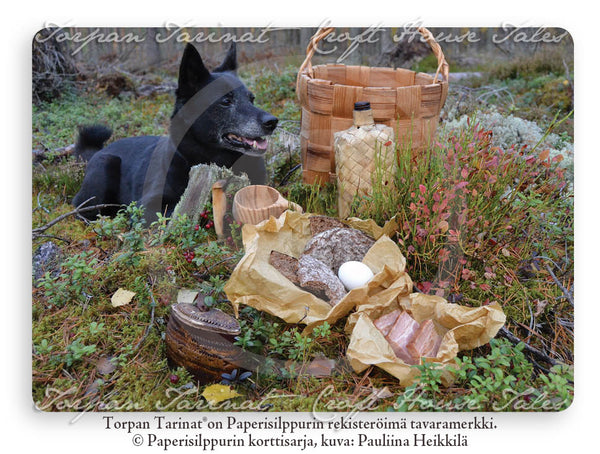 Marjaretken eväät ja koira, Torpan Tarinat® -postikortti, A6 (5 tai 10 kpl)